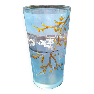 Verre ancien à pans coupés émaillé bleu