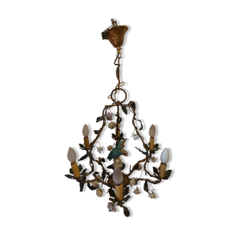 Chandelier cage décor birds and flowers in Meissen porcelain