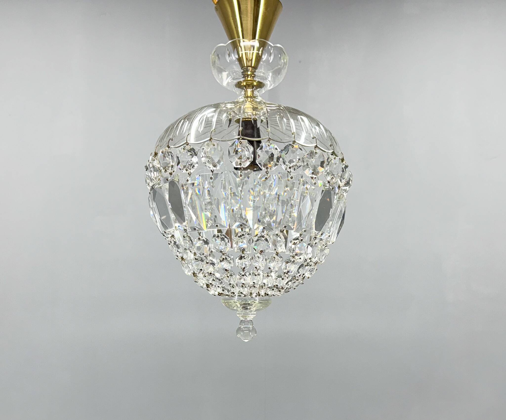 Mid Century Crystal & Brass Chandelier, Czechoslovakia