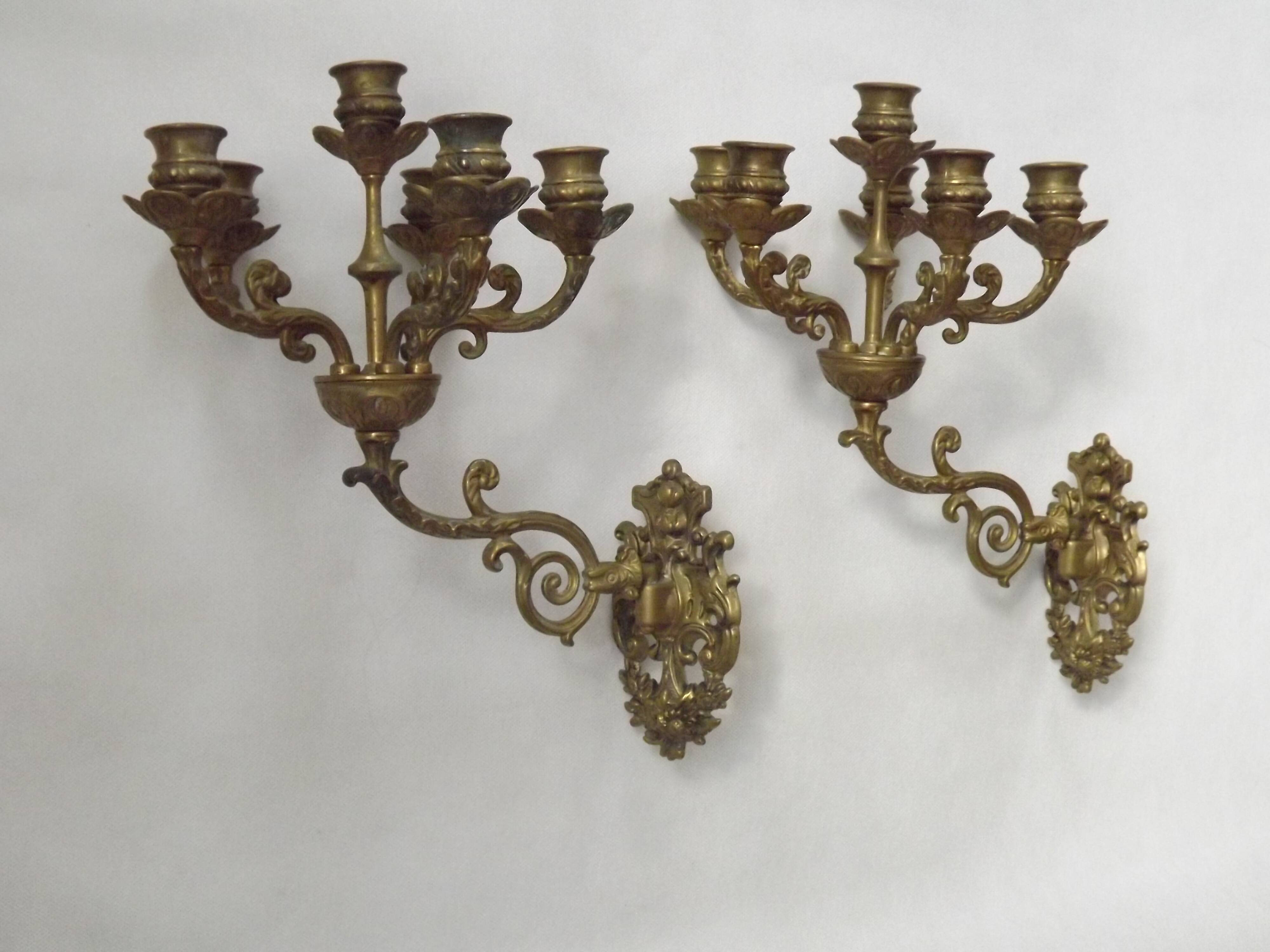 Pair Early 20th Century Rococo Revival Brass 5 Light Candle Wall Sconces