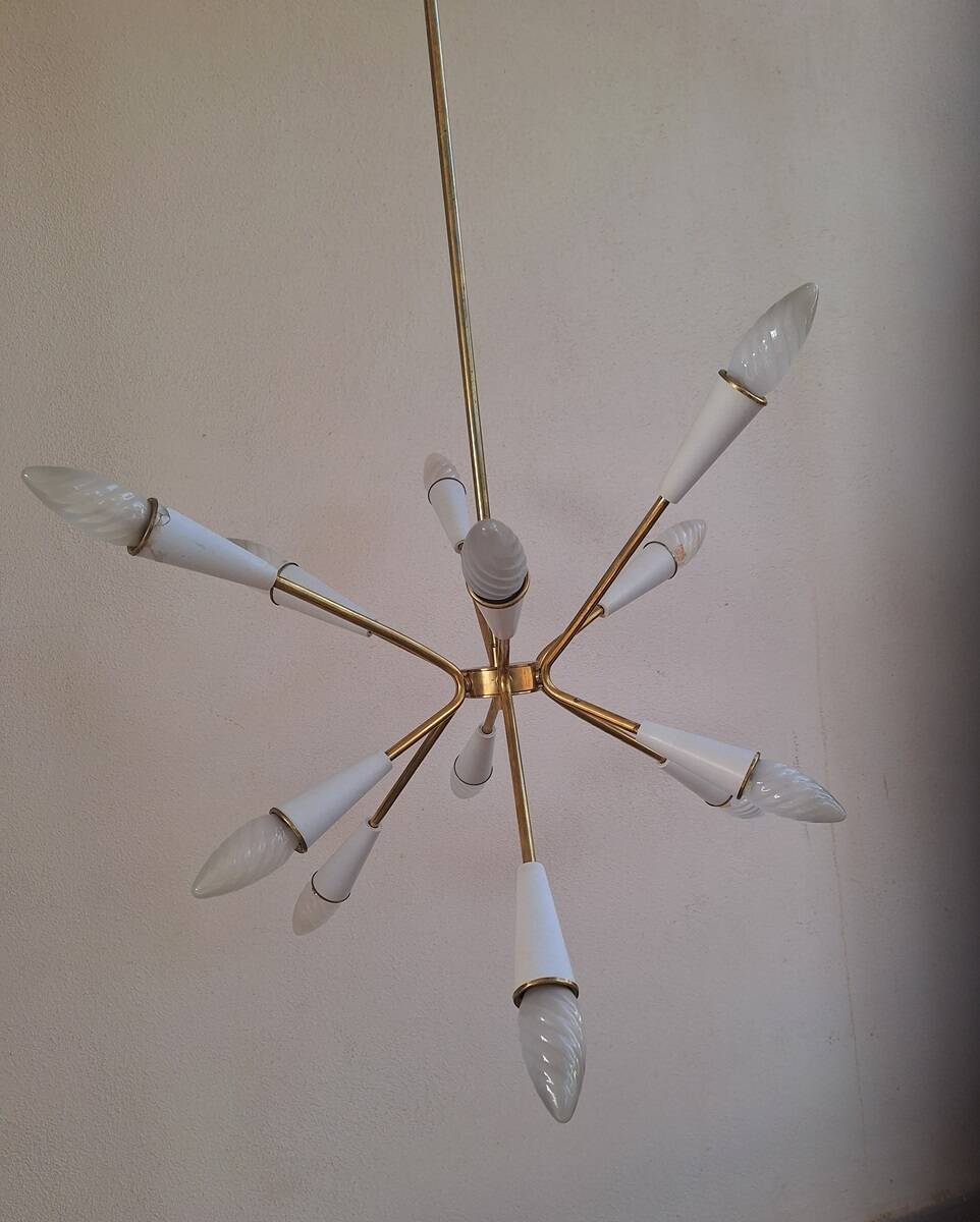 Stilnovo style 12 light Brass and White sputnik Chandelier
