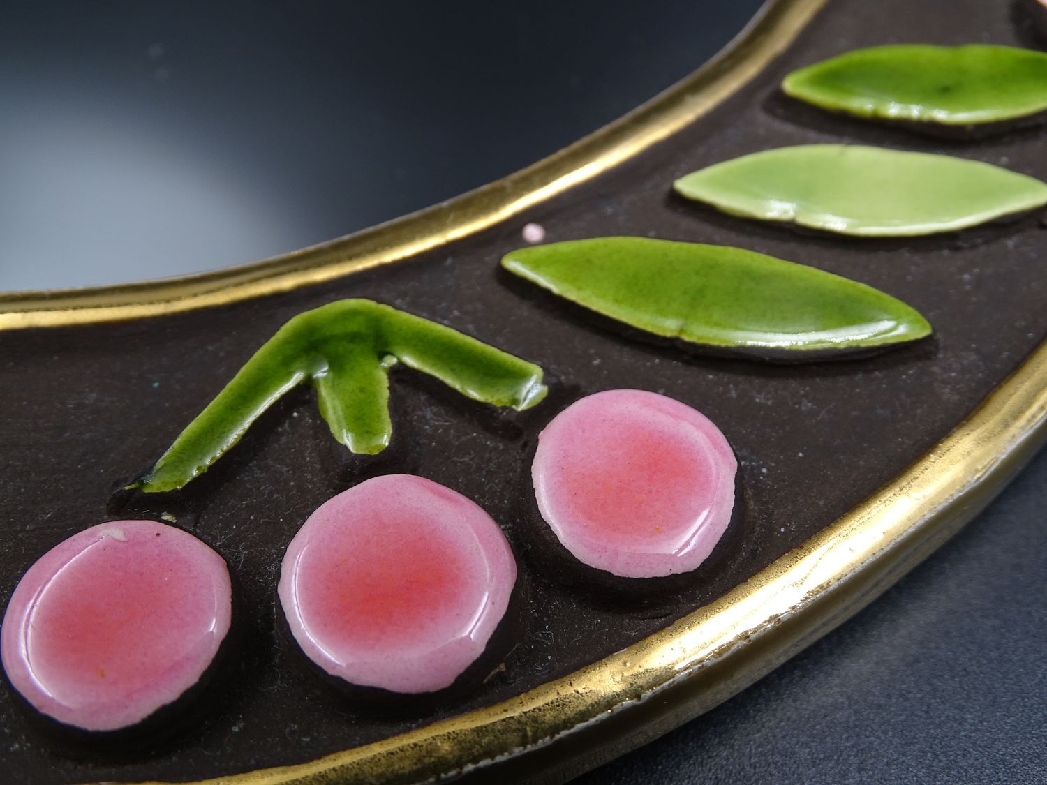 Small round mirror in earthenware- Cherry enamelled decoration - circa 1970