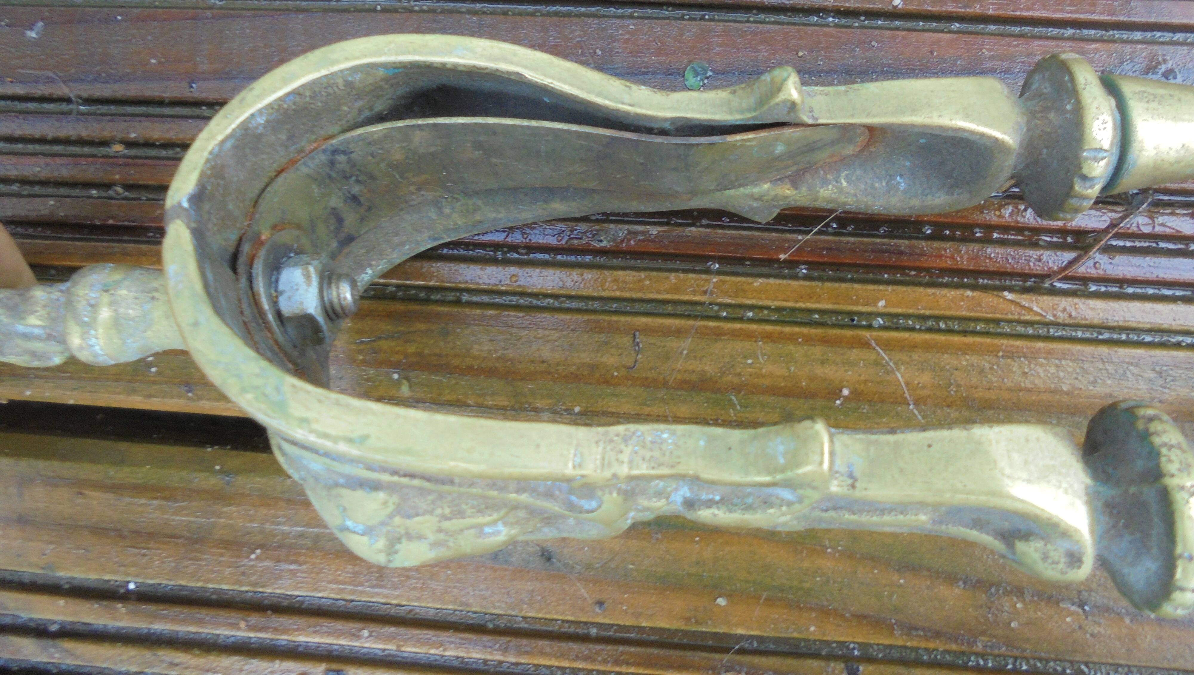 Old bronze fireplace servant decor medallion shovel clamp brooms