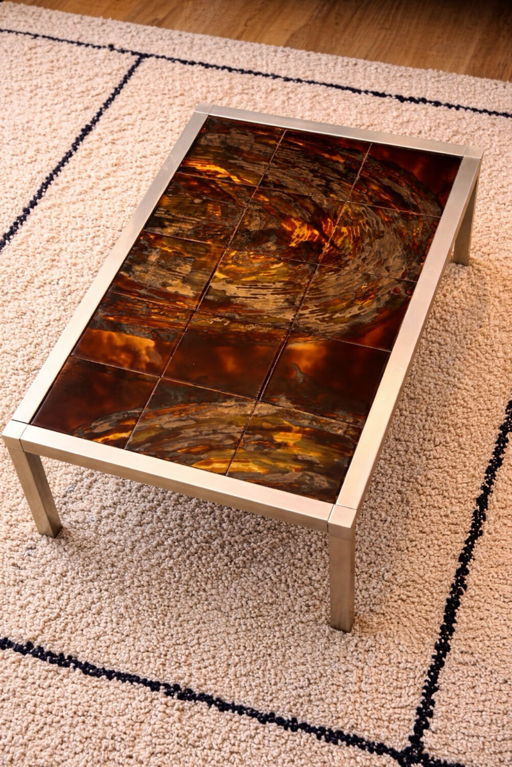 Vintage 1970s coffee table – chrome metal & enamelled tiles