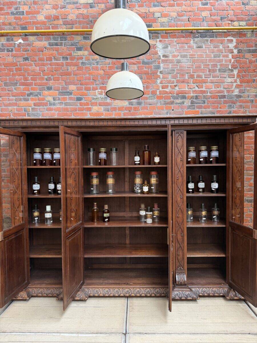 Large oak pharmacy display cabinet