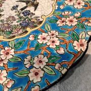 Longwy enamel plate with cartouche of 2 birds and apple blossoms, d188