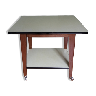 Desserte table formica et bois à roulettes