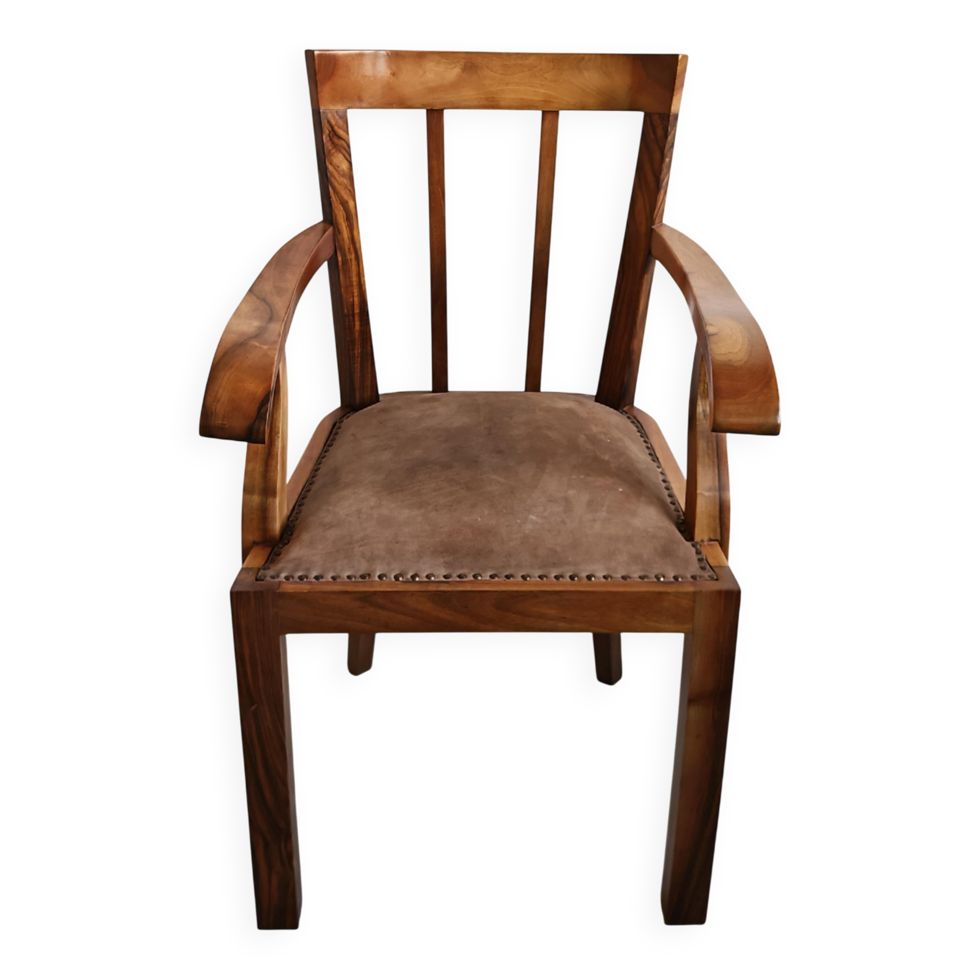 Pair of Art Deco armchairs in solid walnut and leather, 1920s