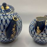 Service à thé russe en porcelaine Lomonosov en filet de Cobalt