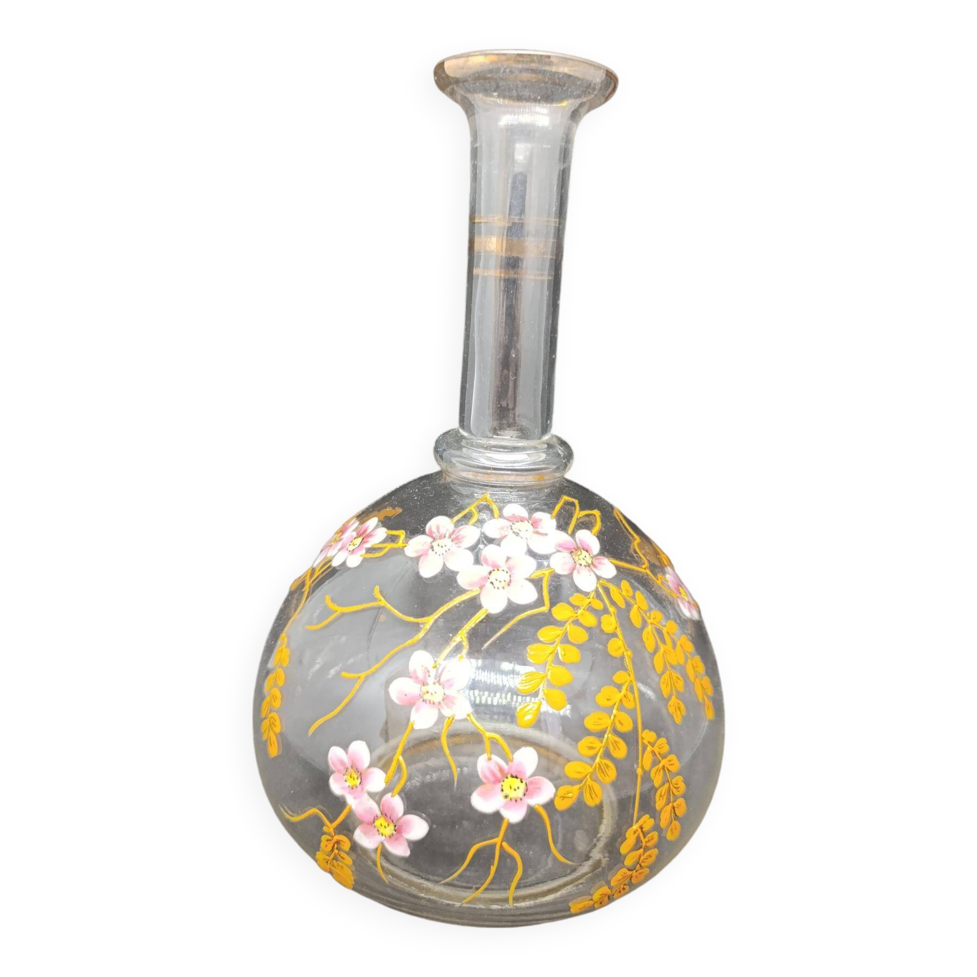 Glass vase/bottle with enamelled floral decoration in legras style in good condition