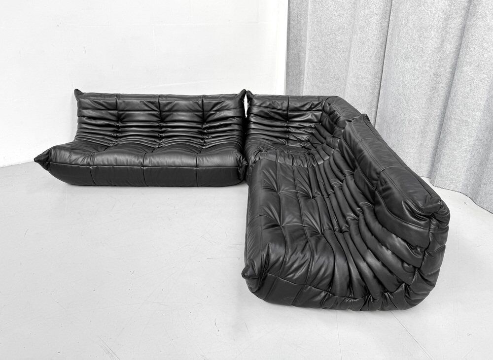 French Togo living room set in black leather by Michel Ducaroy for Ligne Roset, set of 3
