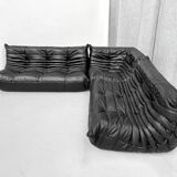 French Togo living room set in black leather by Michel Ducaroy for Ligne Roset, set of 3