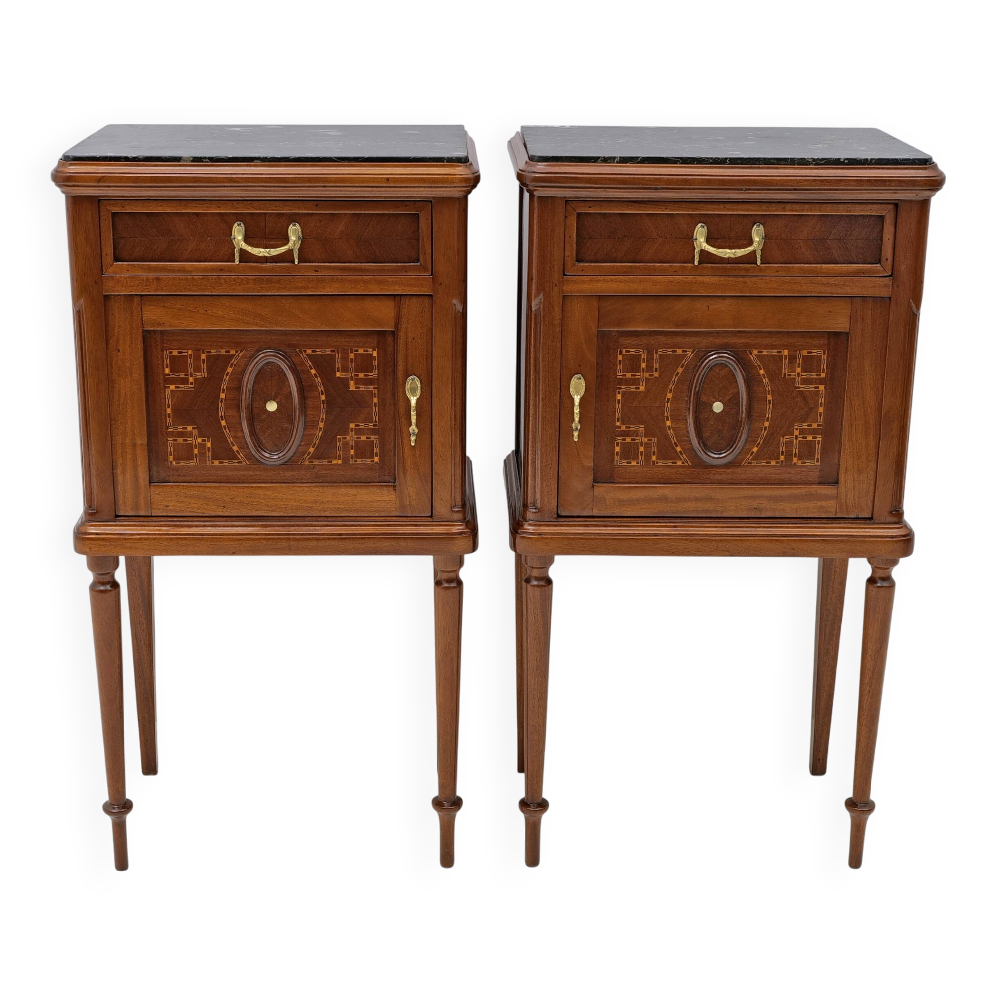 Pair of Louis XVI Style Bedside Tables with Inlays and Marble Top, Italy, 1