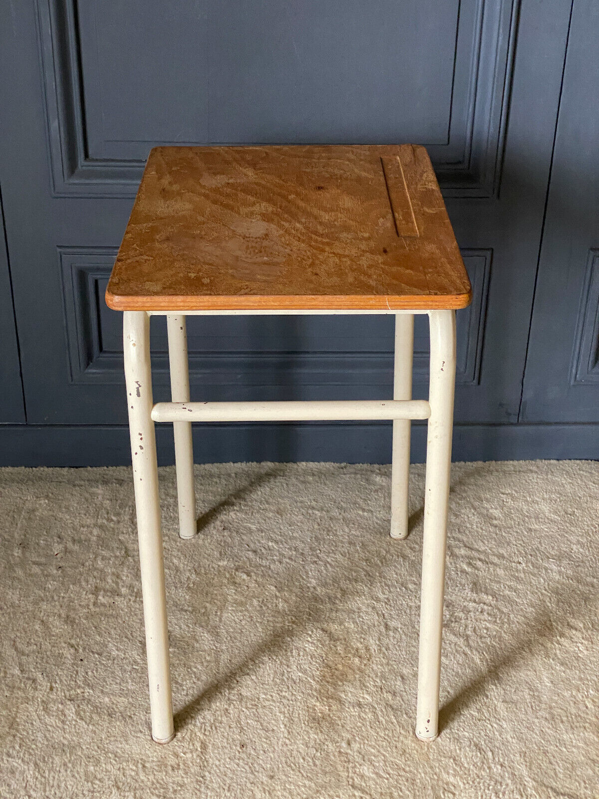 School desk 1960 white lacquered metal wooden top