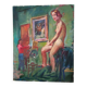 Antique oil painting portrait artist and Nude Model in Studio 20th century
