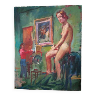Portrait d'artiste à l'huile antique et modèle nu dans un atelier, XXe siècle