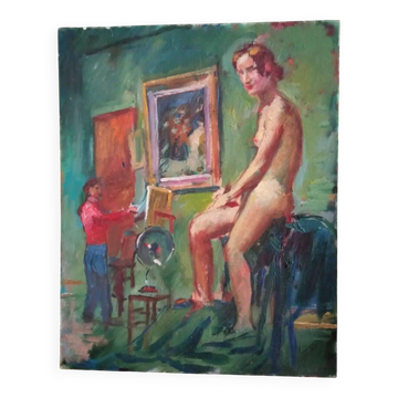 Antique oil painting portrait artist and Nude Model in Studio 20th century