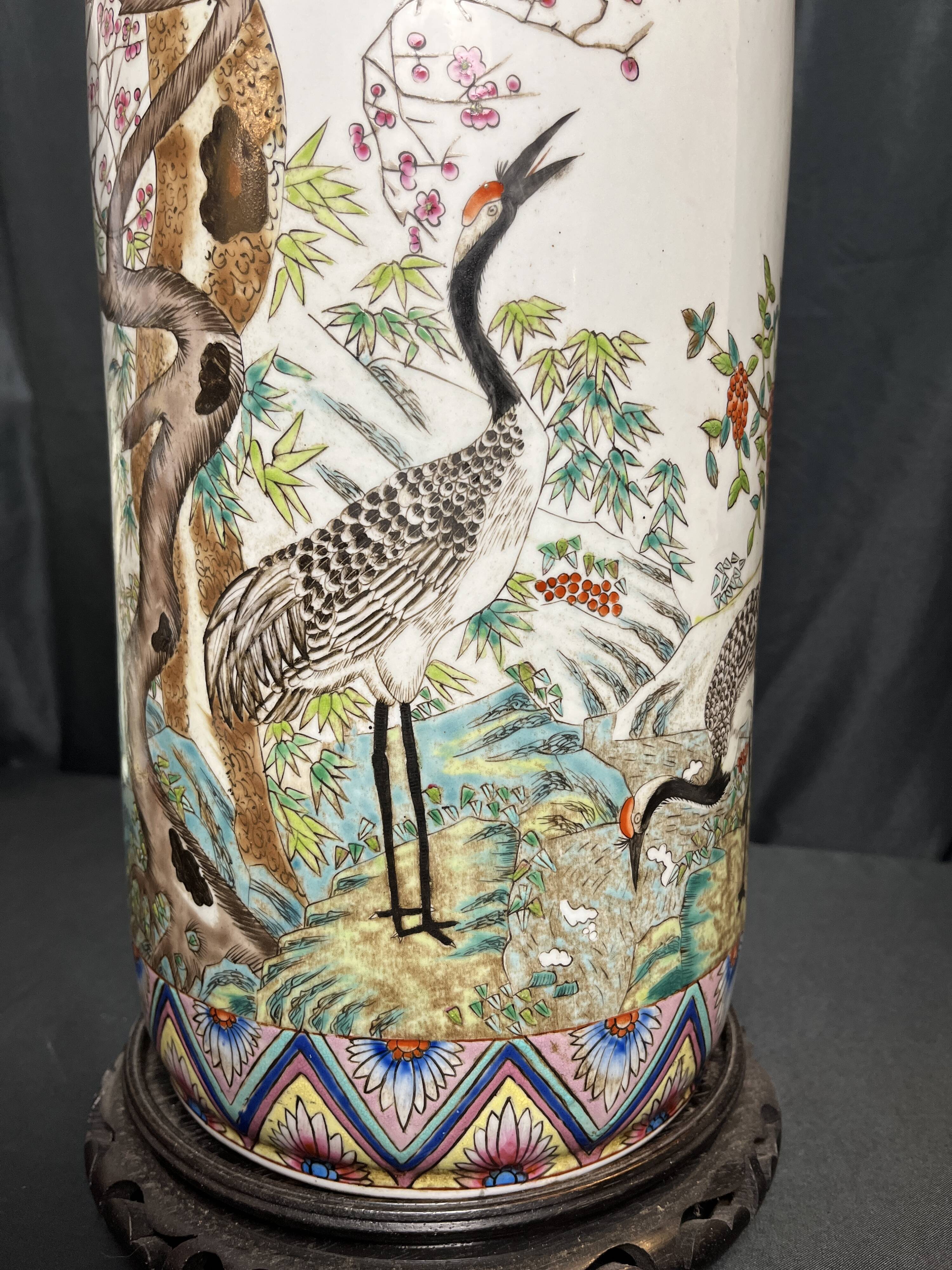 China, Important porcelain scroll vase decorated with cranes and flora, 19th century