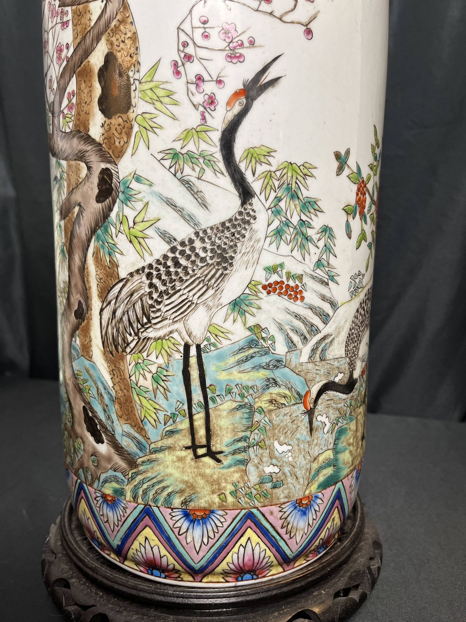 China, Important porcelain scroll vase decorated with cranes and flora, 19th century