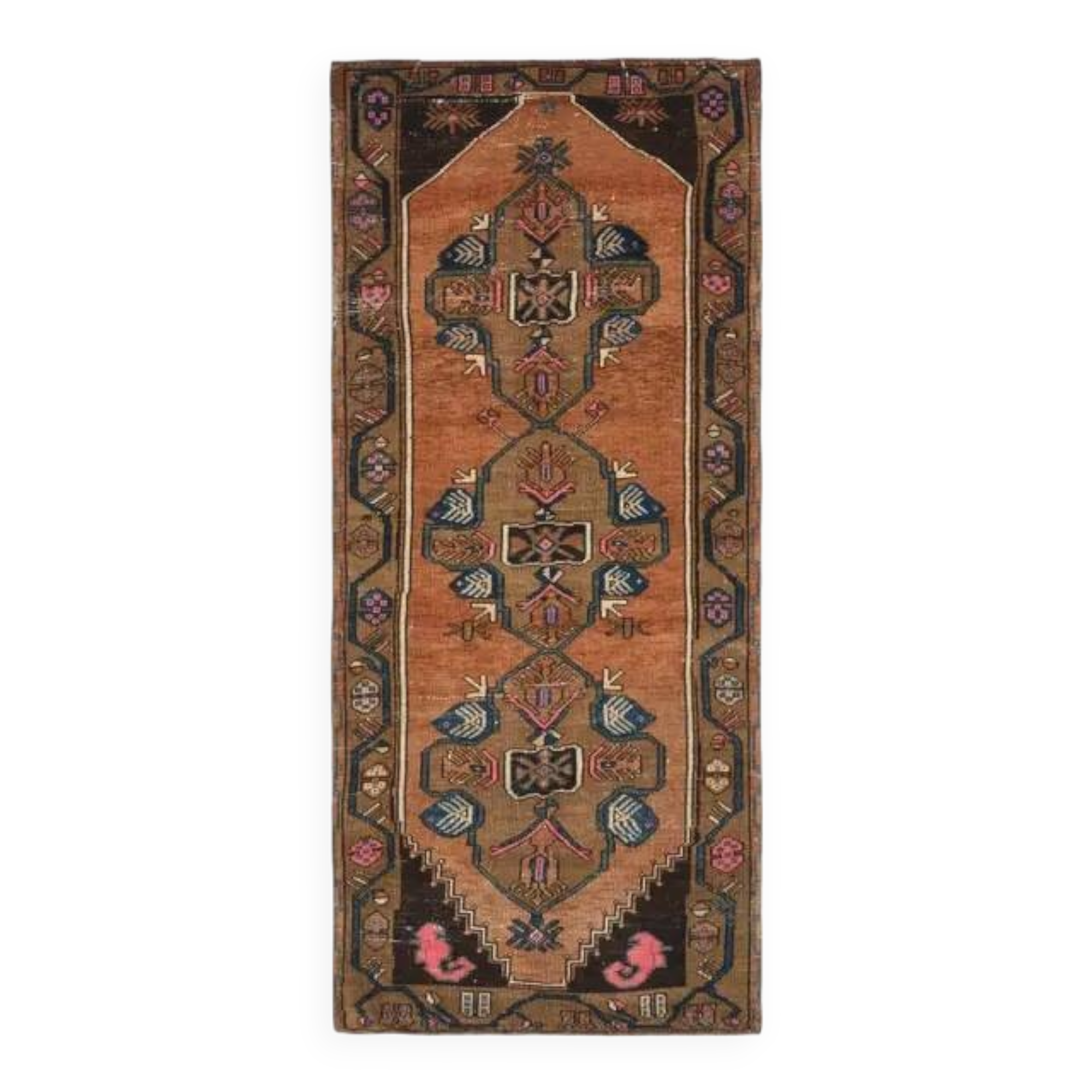 Vintage Turkish Oushak Handmade Wool Cotton Brown Runner Rug 128296