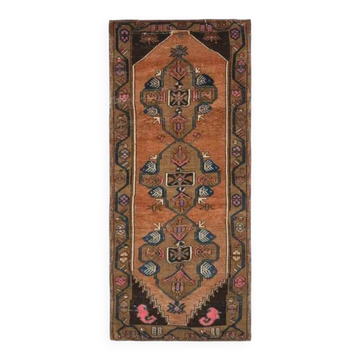 Vintage Turkish Oushak Handmade Wool Cotton Brown Runner Rug 128296