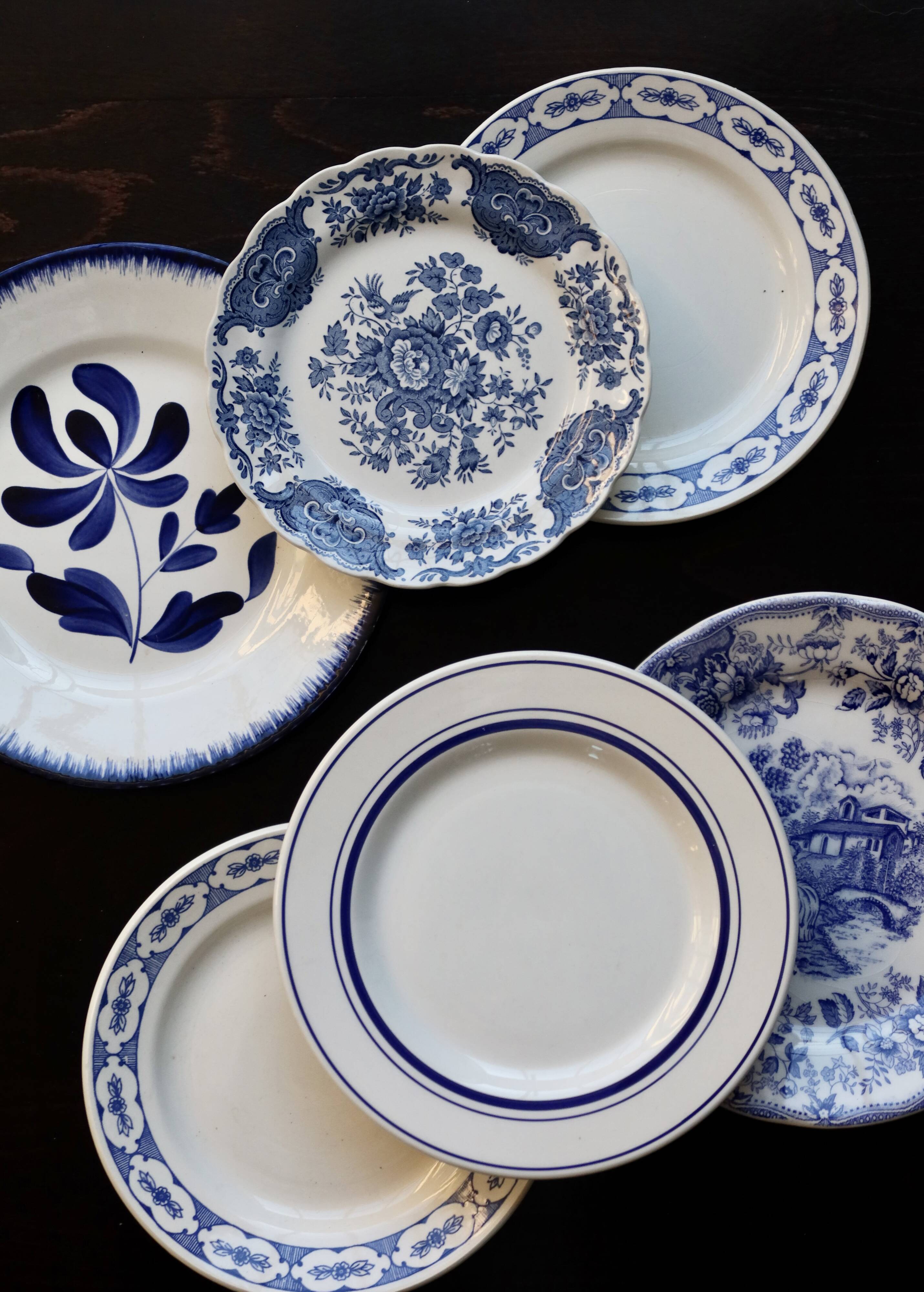 6 vintage mismatched blue and white porcelain dessert plates