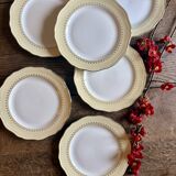 Set of 6 vintage white dinner plates with yellow and gold trim.