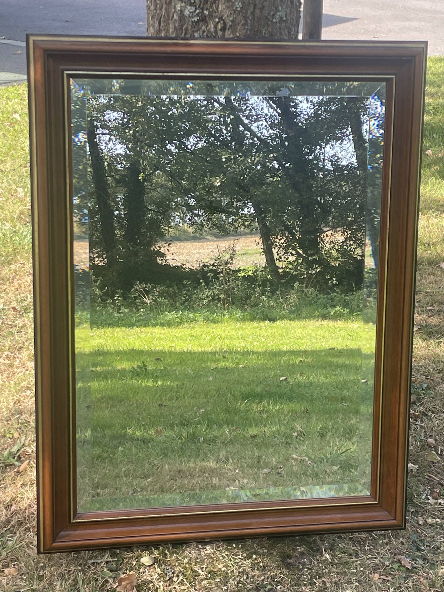 Large natural wood moulding mirror, gold fillet highlight, bevelled mirror, (La Gatvinière)