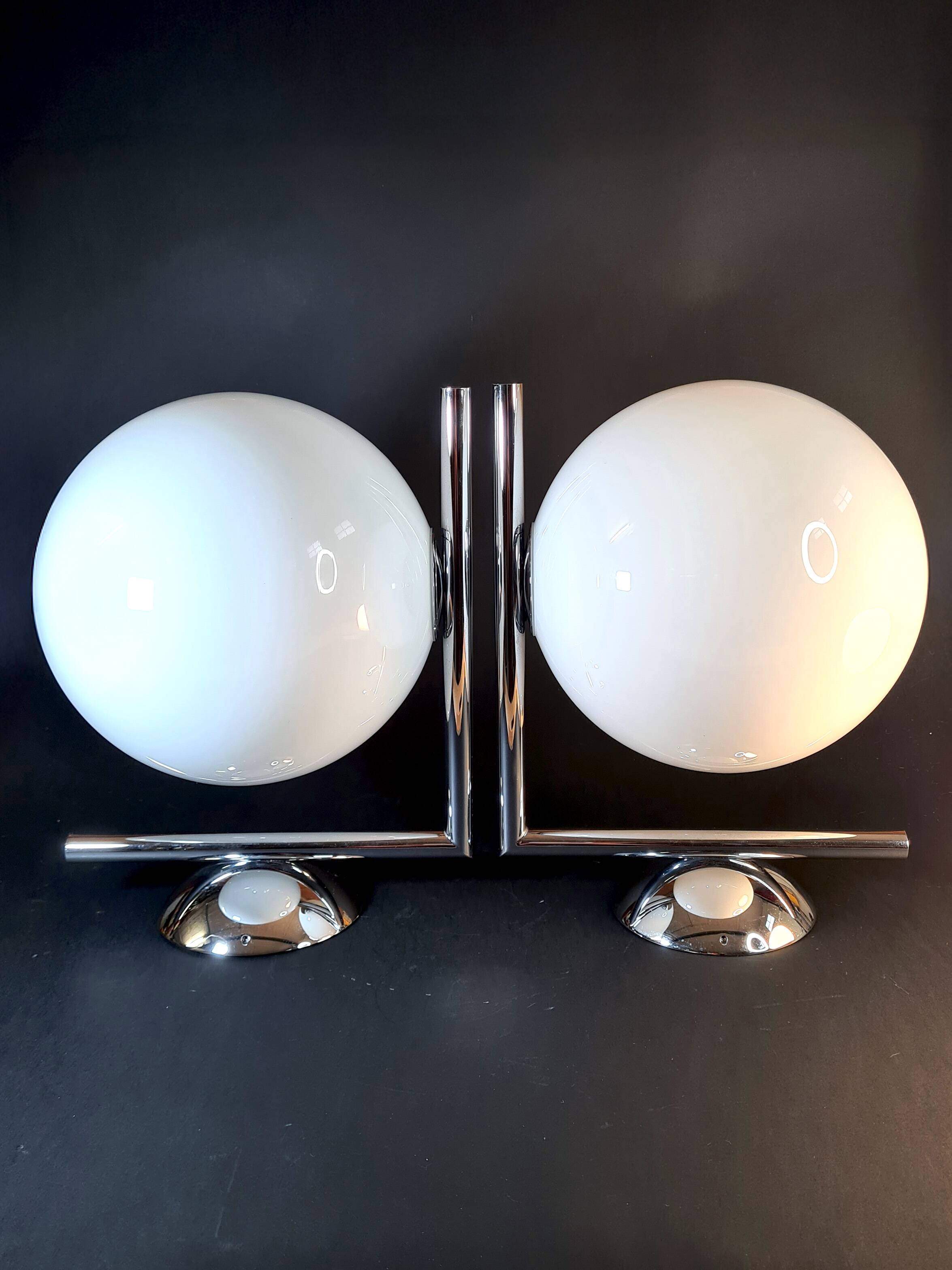Pair of FLOS IC Lights C/W2 Wall Lights – Chrome & Globe Ø30 – Blown Glass