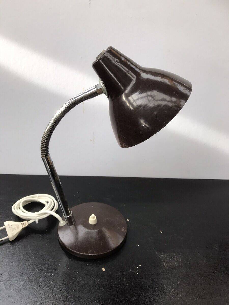 Brown Metal Desk Lamp with Flexible Chrome Arm, 1970s Industrial Vintage