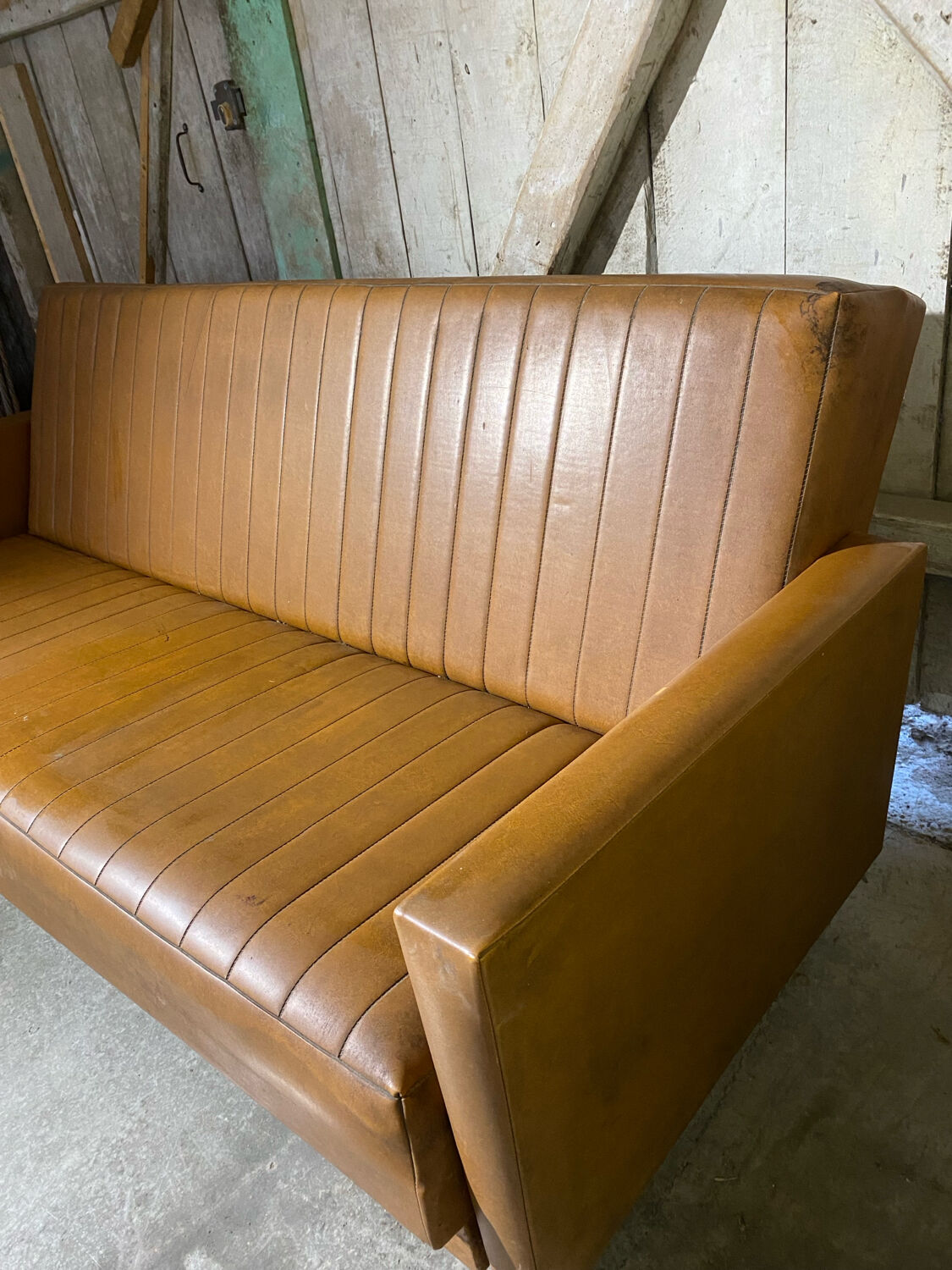 Vintage 60s 70s Brown Faux Leather Sofa Bed with Armrests #D4