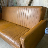 Vintage 60s 70s Brown Faux Leather Sofa Bed with Armrests #D4