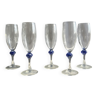Set of 5 blue ball champagne flutes