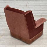 Fauteuil danois à dossier haut, années 1970, velours d'ameublement rose saumon, bois de hêtre.