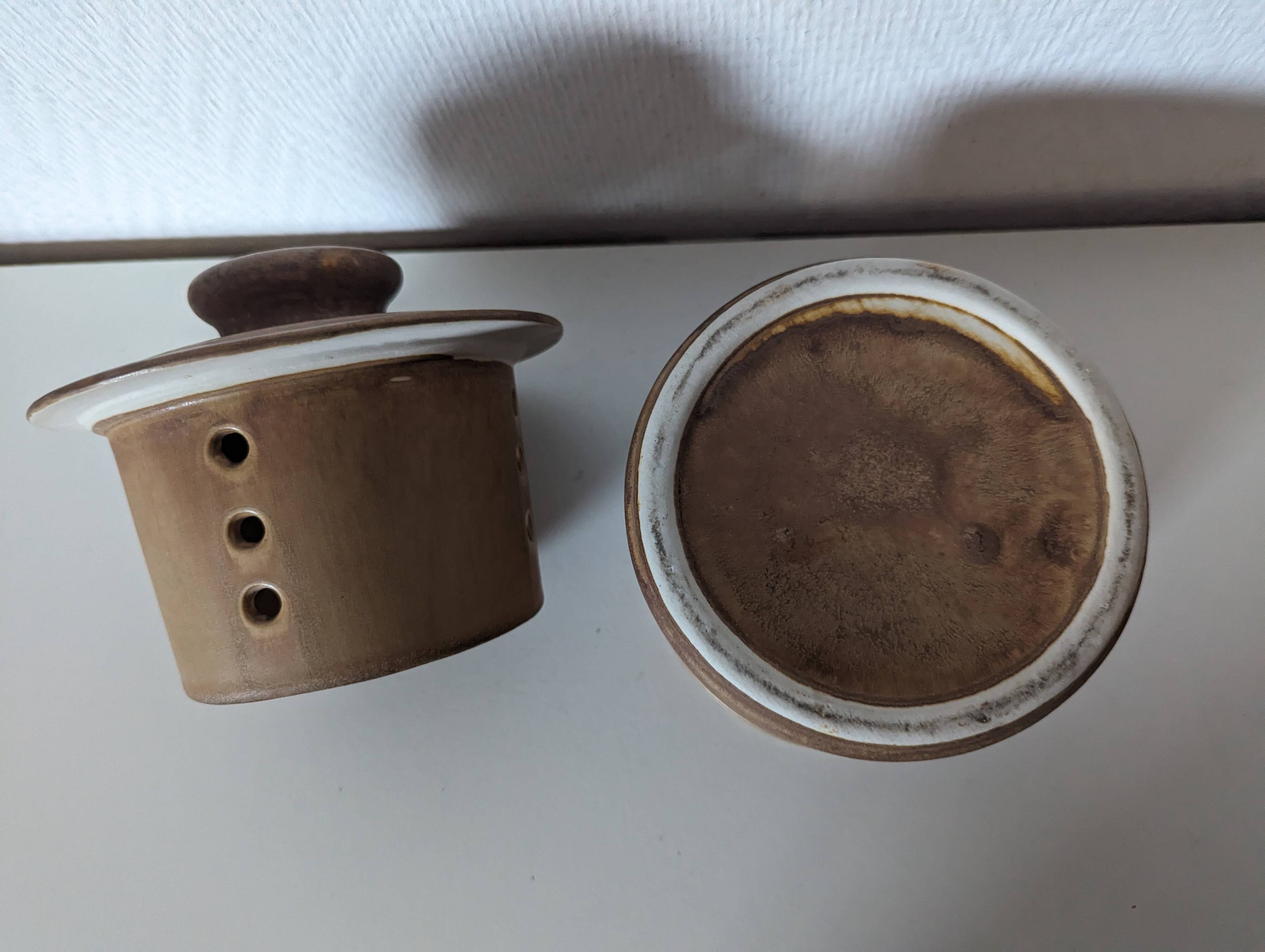 brown stoneware water butter dish