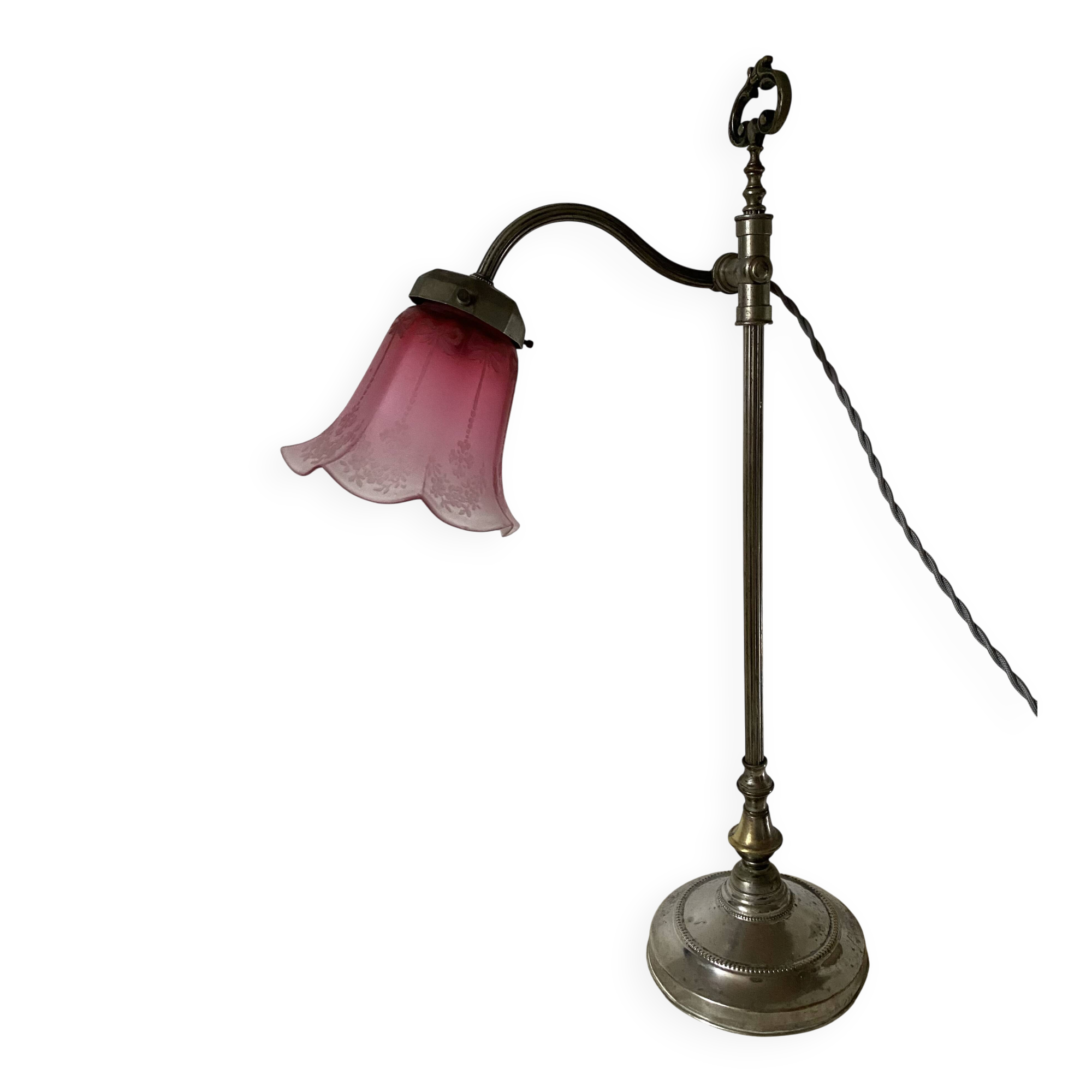 Antique jeweller's lamp, silver-plated base, frosted pink glass shade.