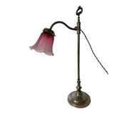 Antique jeweller's lamp, silver-plated base, frosted pink glass shade.