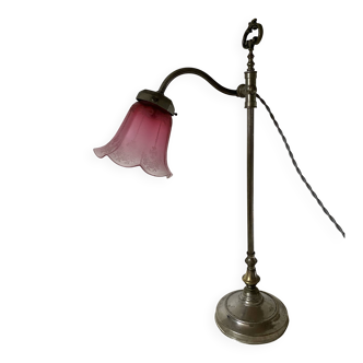 Antique jeweller's lamp, silver-plated base, frosted pink glass shade.