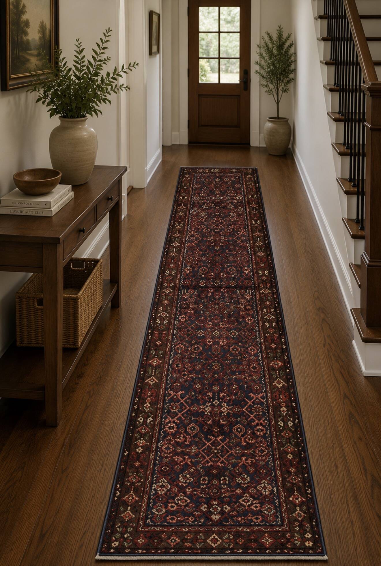 Vintage Oriental Herati Wool Runner Rug, Handwoven Long Hallway Carpet, 87 x 420
