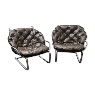 Pair of chrome and leather vintage chairs