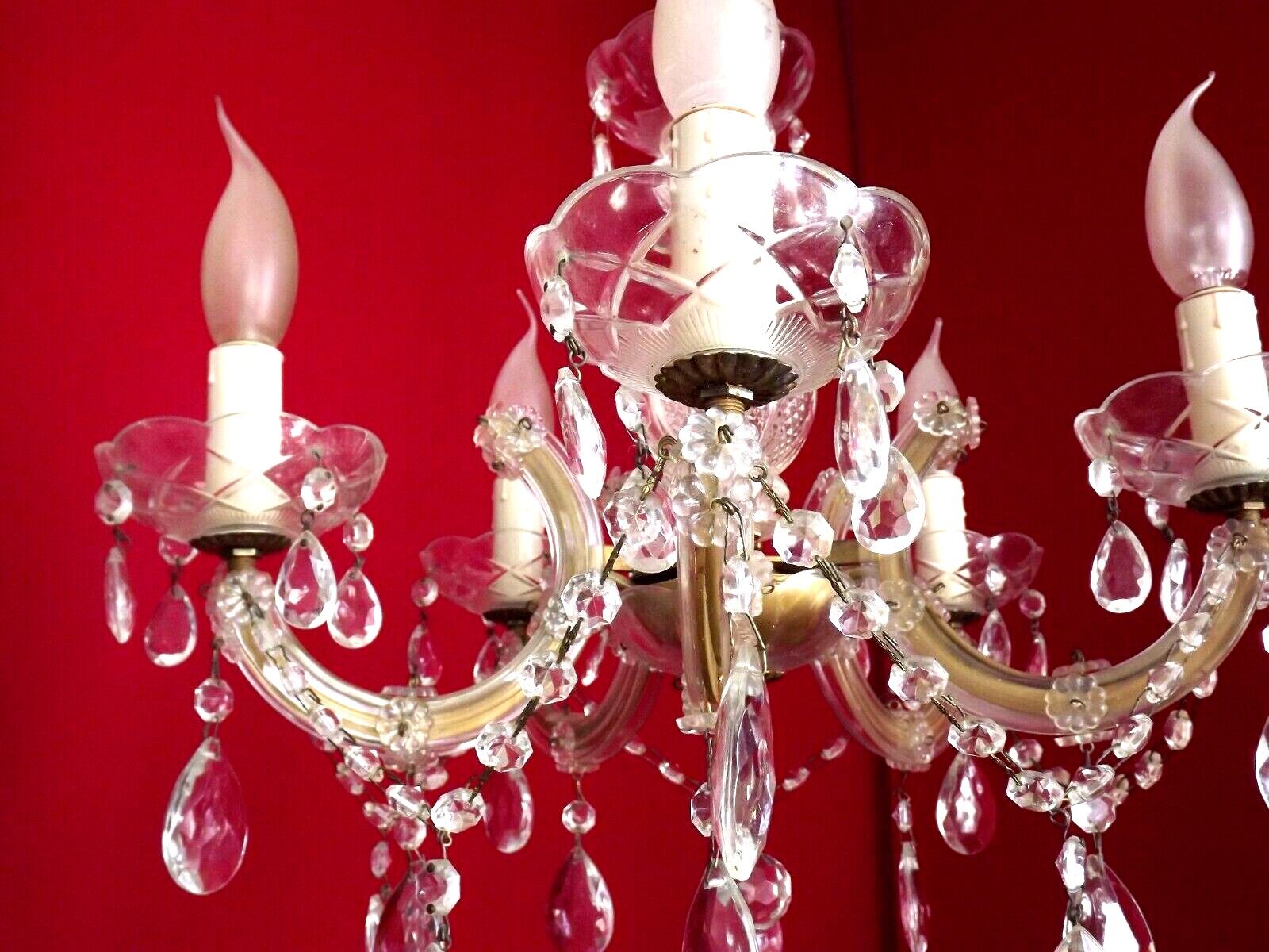 Vintage french metal crystal and glass 5 arm paris chic style chandelier 4228