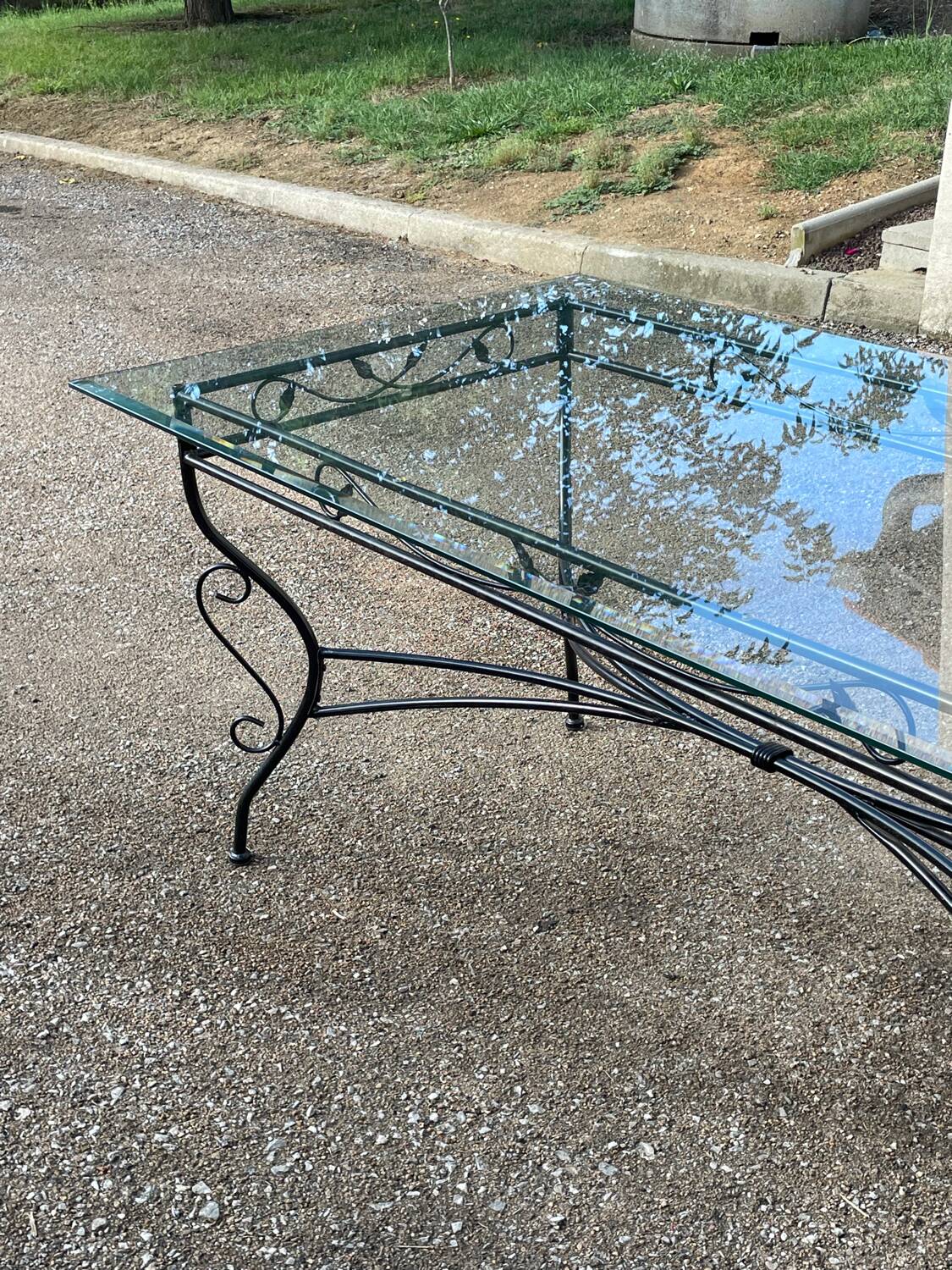 Glass and iron table with two side tables and 8 chairs