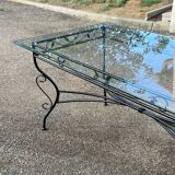 Glass and iron table with two side tables and 8 chairs