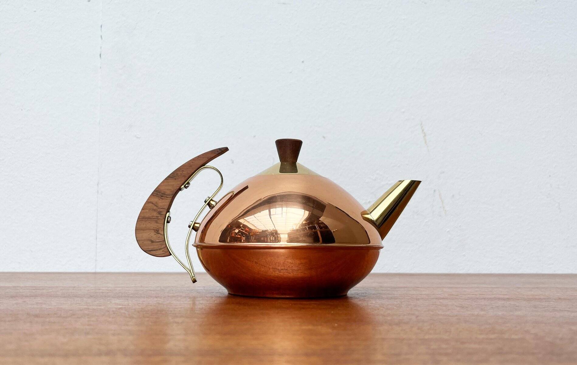 Metal and teak teapot from the mid-century, 1960s.