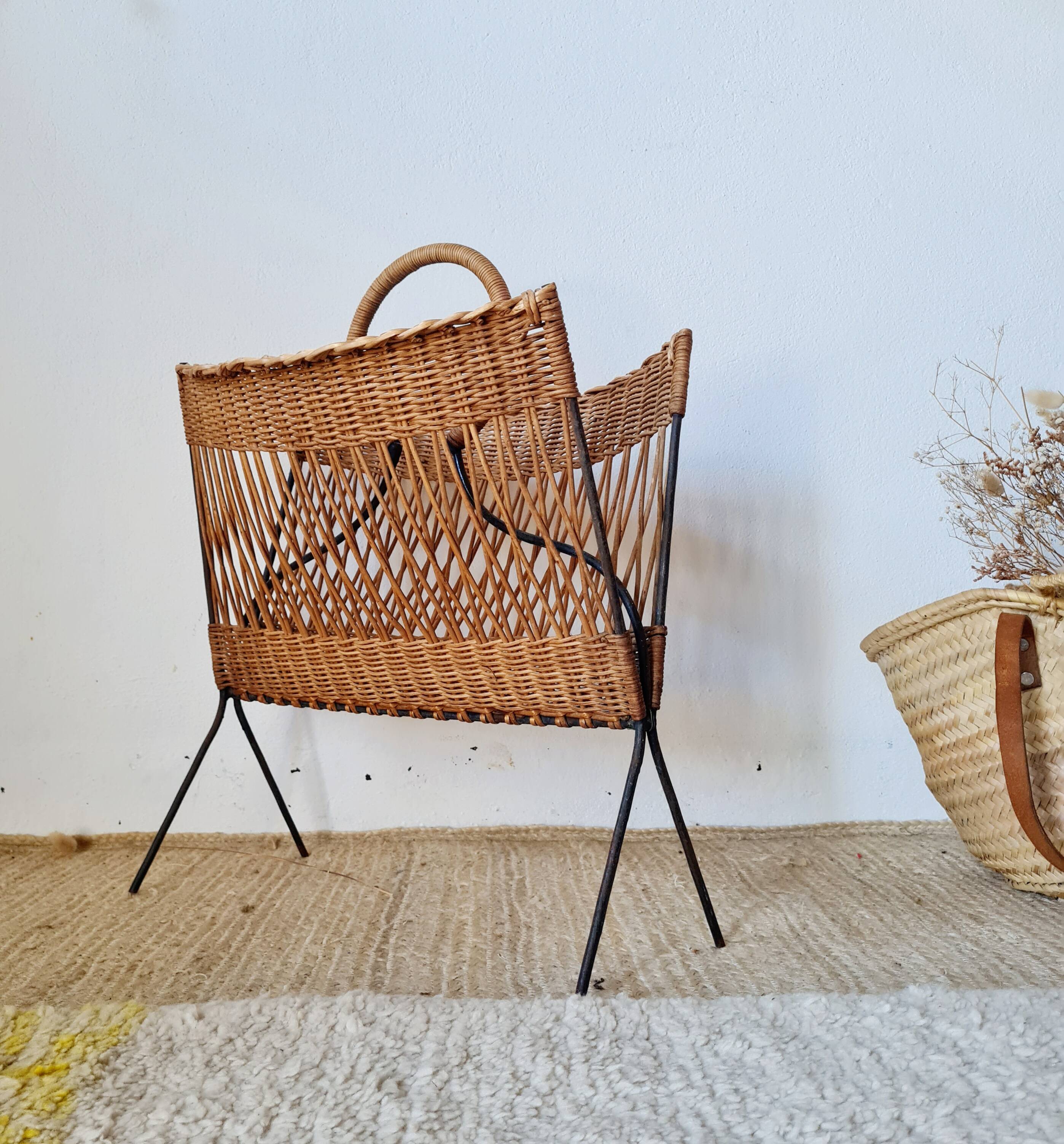 Vintage wicker and metal magazine rack