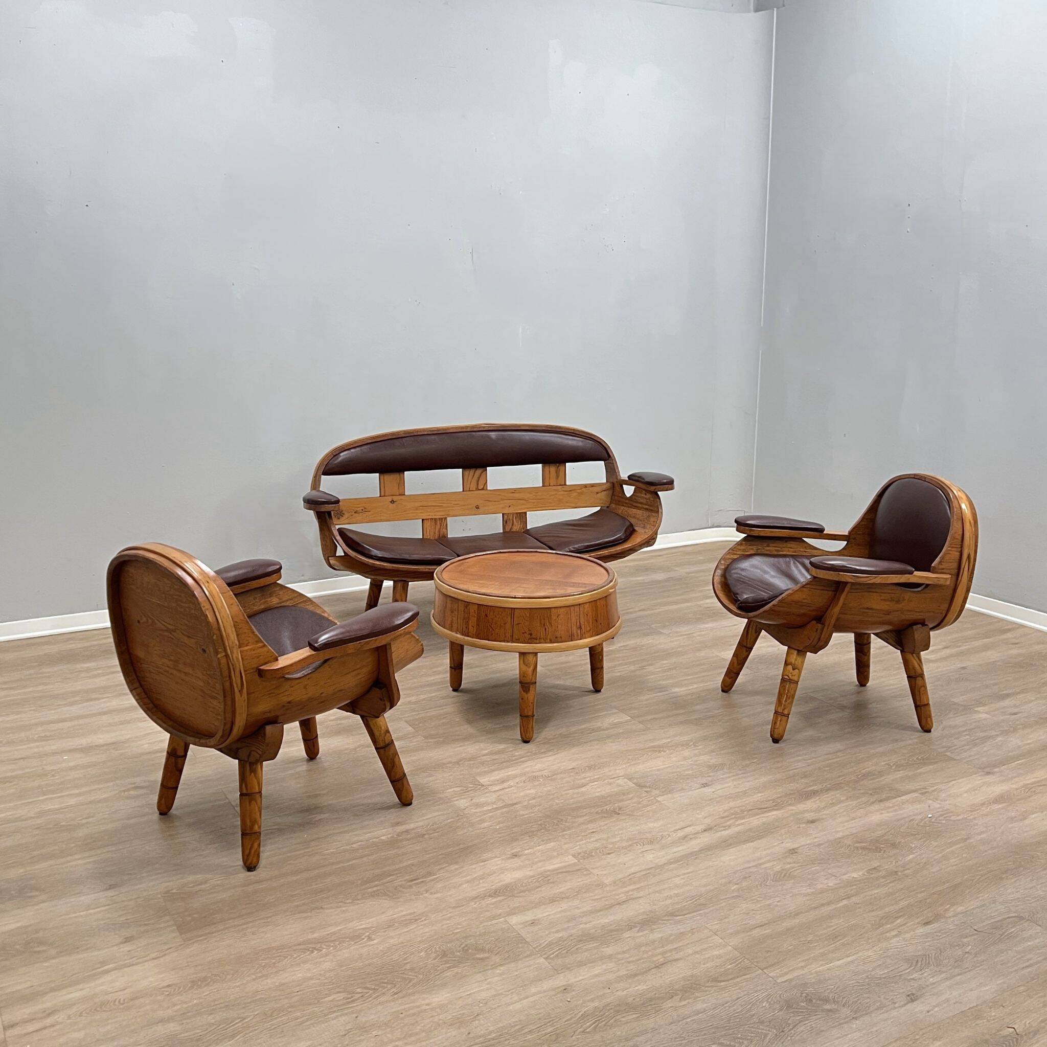 Rustic living room wooden barrel armchairs and sofa Italy 1970s