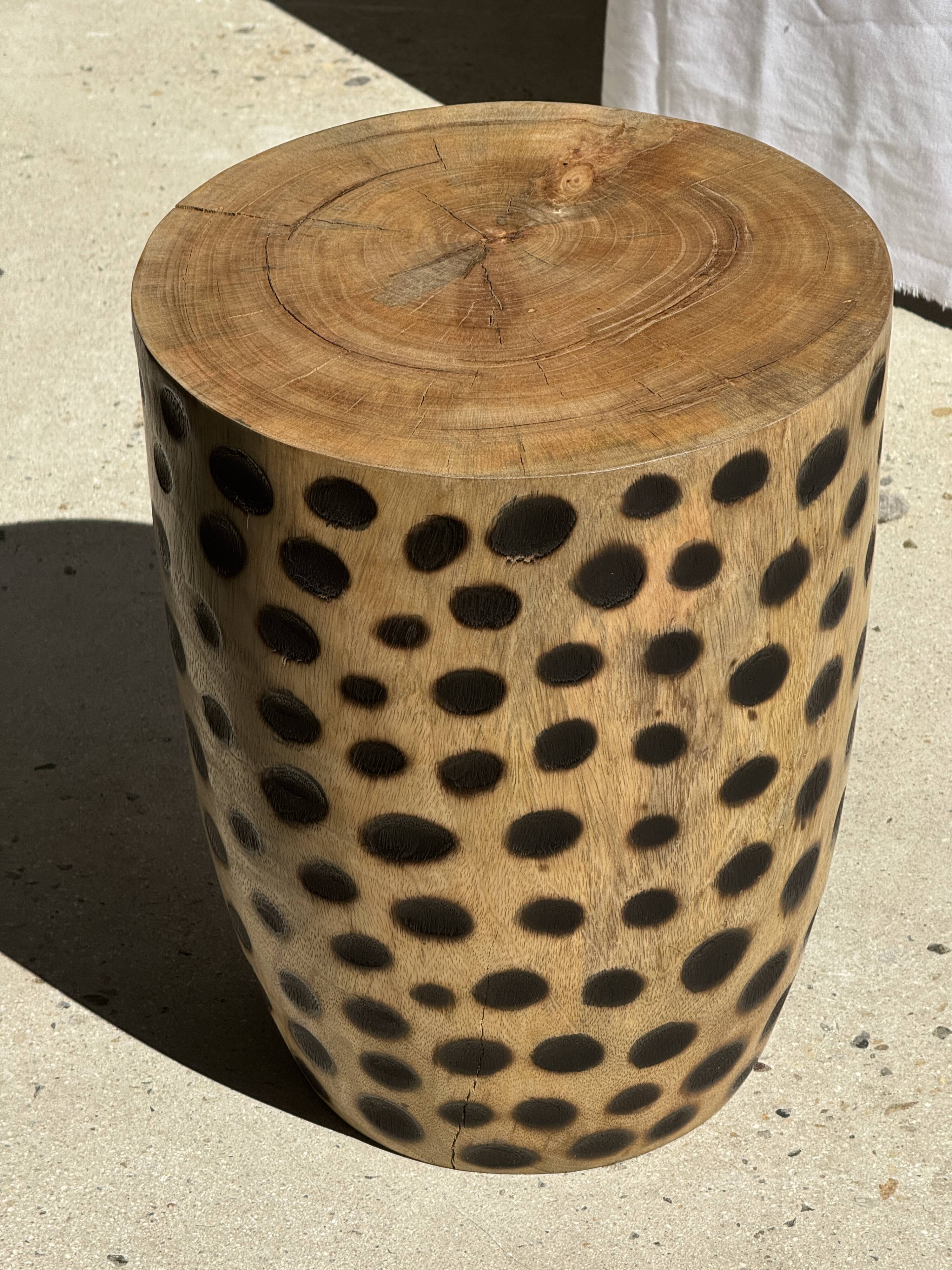Stool, side table, cylindrical solid mango wood end table.