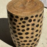 Stool, side table, cylindrical solid mango wood end table.