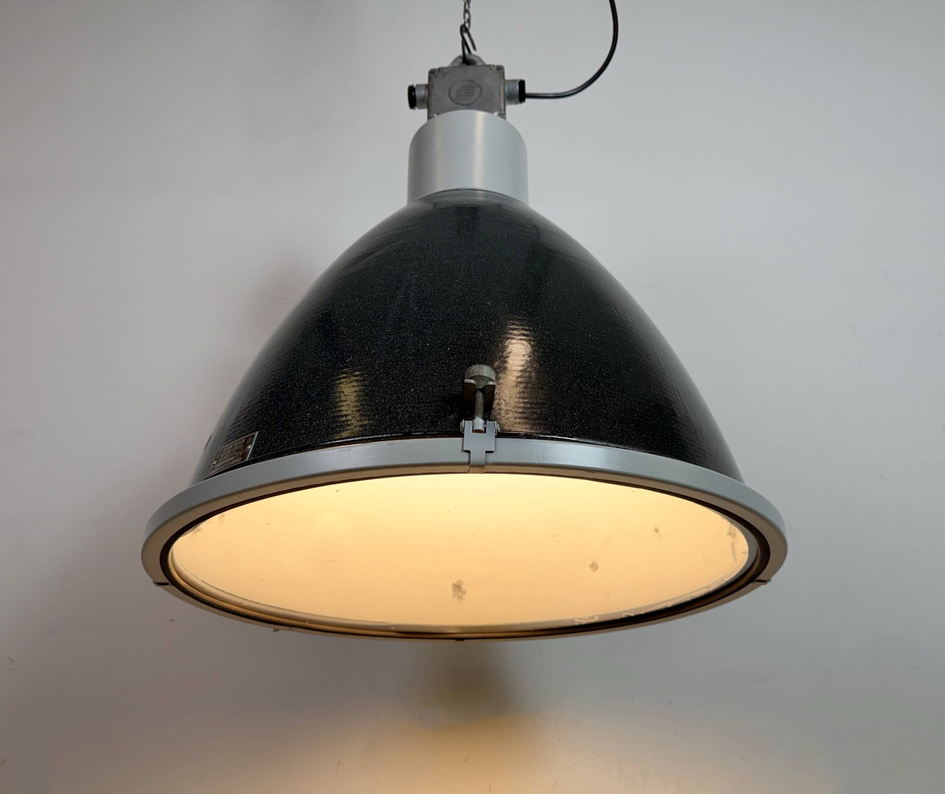 Large Industrial Enamel Factory Pendant Lamp with Glass Cover, 1960s