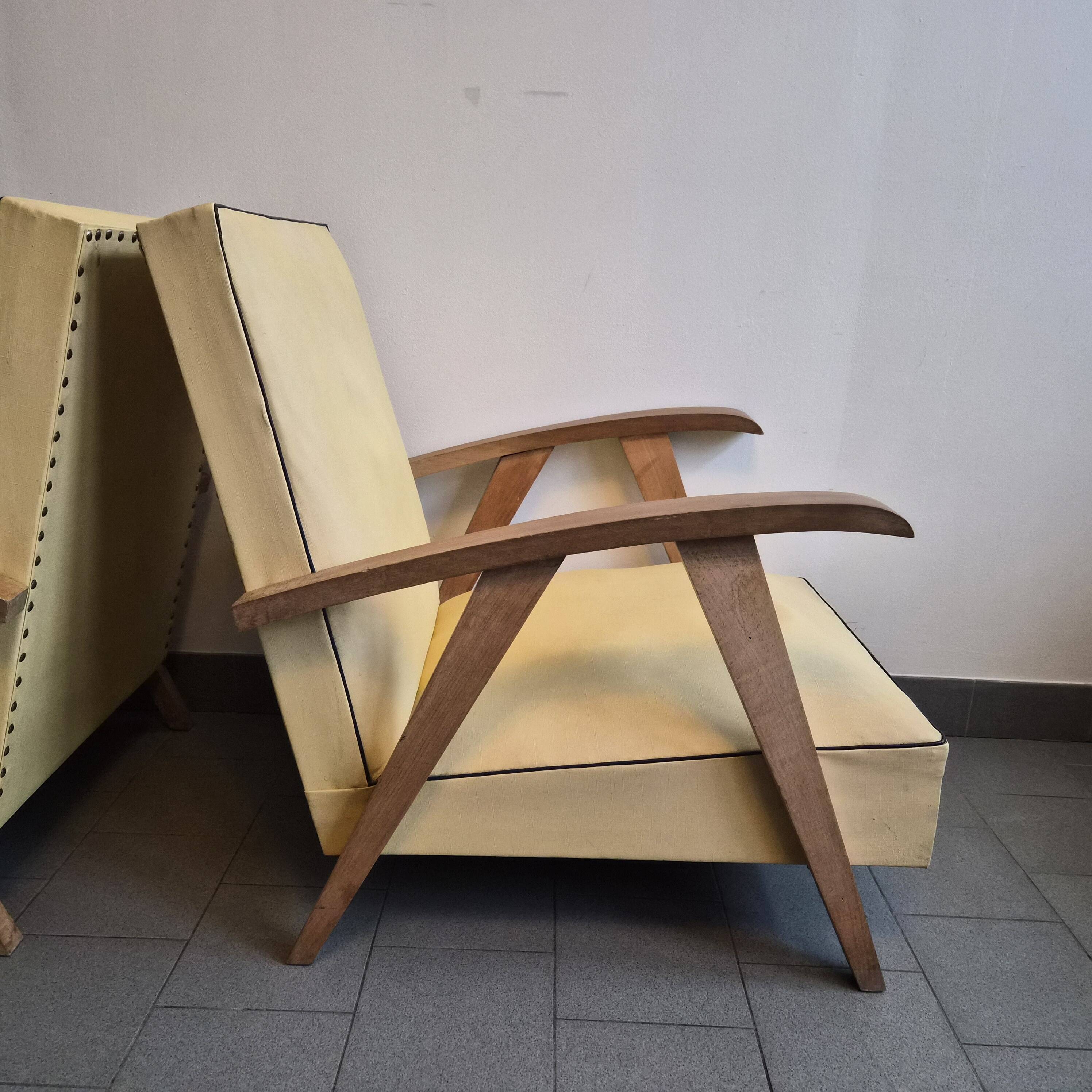 Pair of vintage 1950s armchairs with compass legs